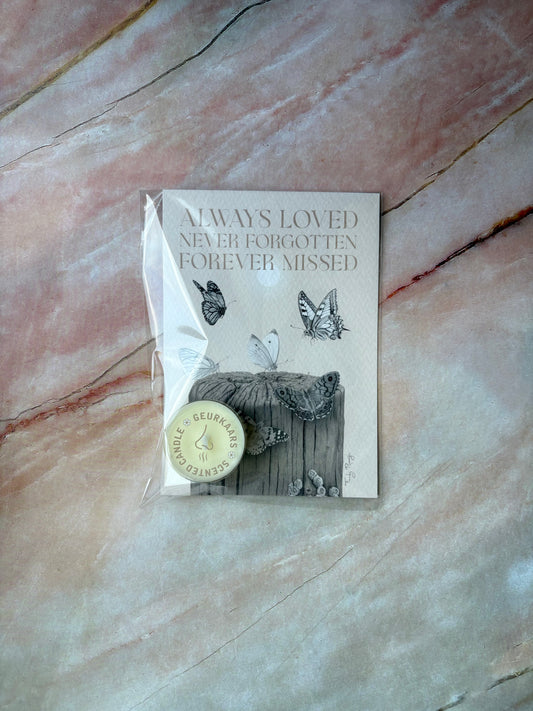 Theelicht wenskaart - Always loved, never forgotten, forever missed