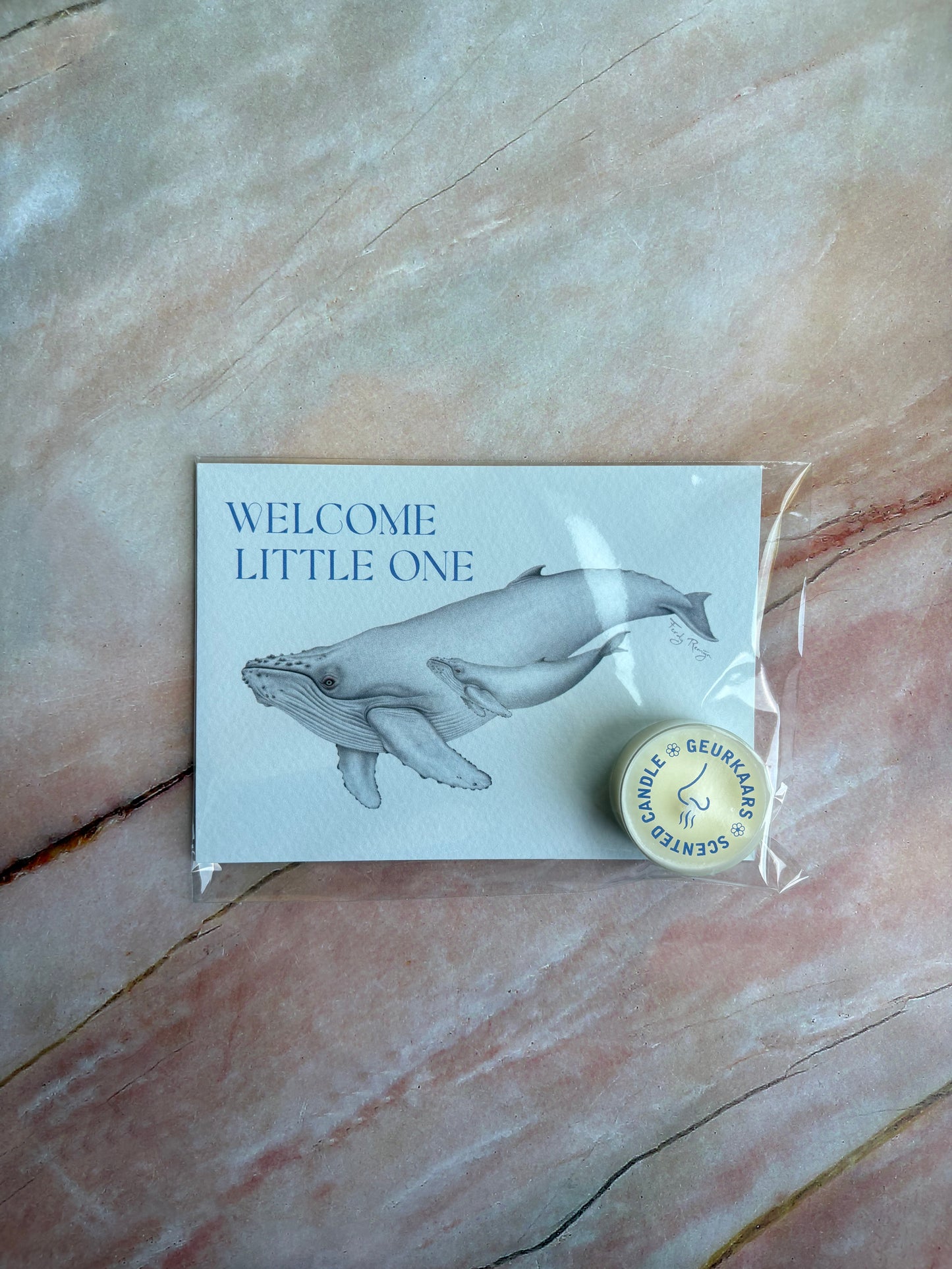 Theelicht wenskaart - Welcome little one (blauw)