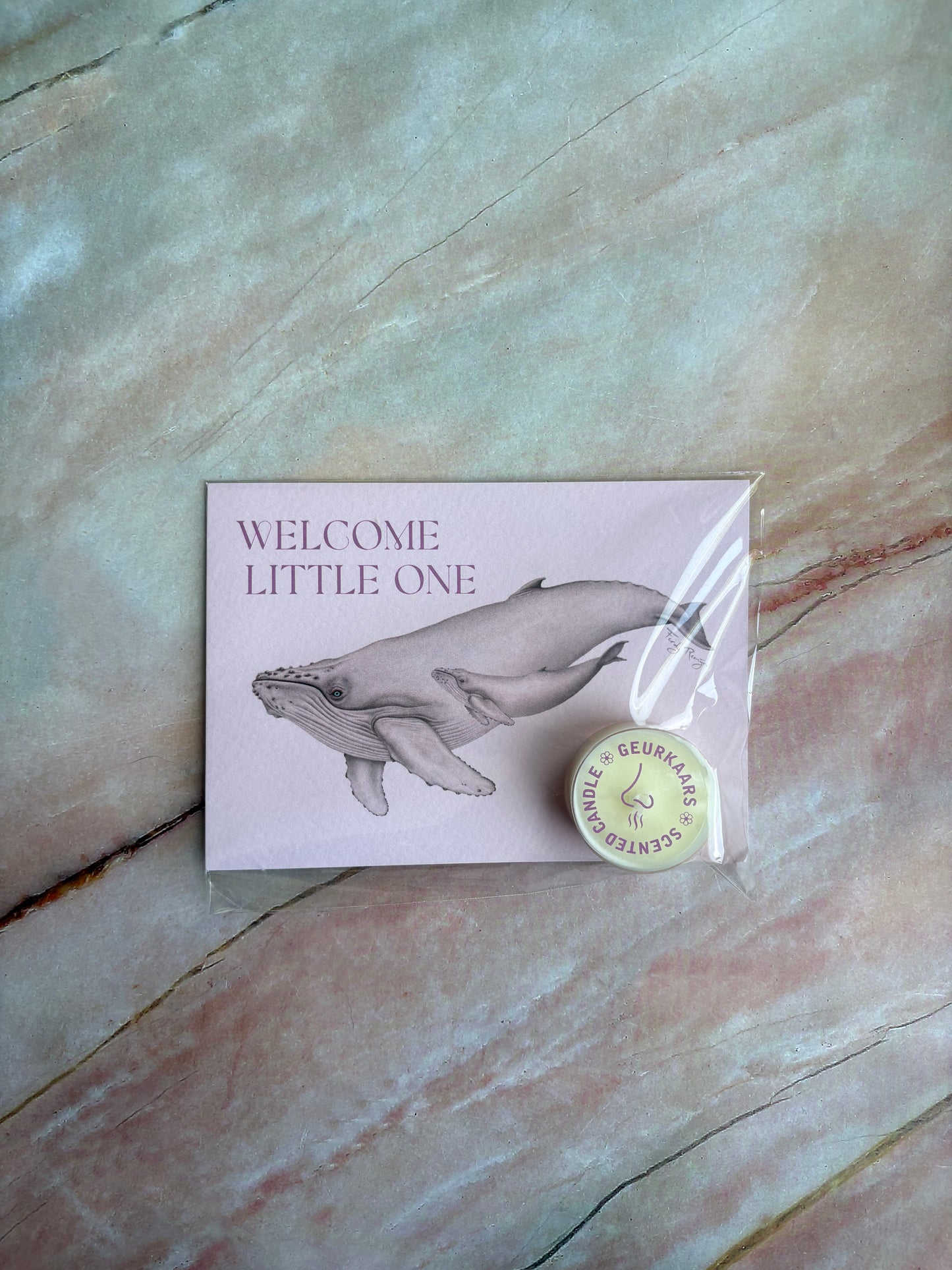 Theelicht wenskaart - Welcome little one (roze)