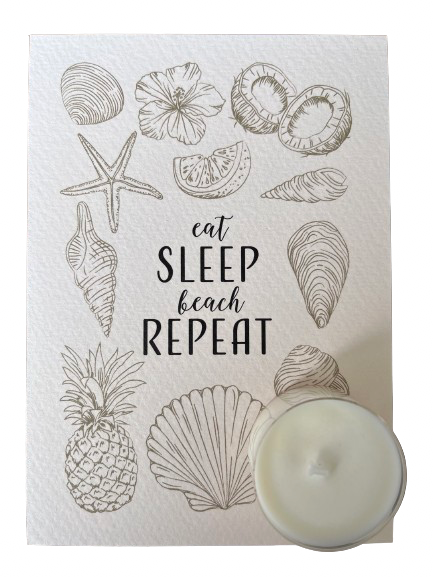 Theelicht wenskaart - Eat sleep beach repeat